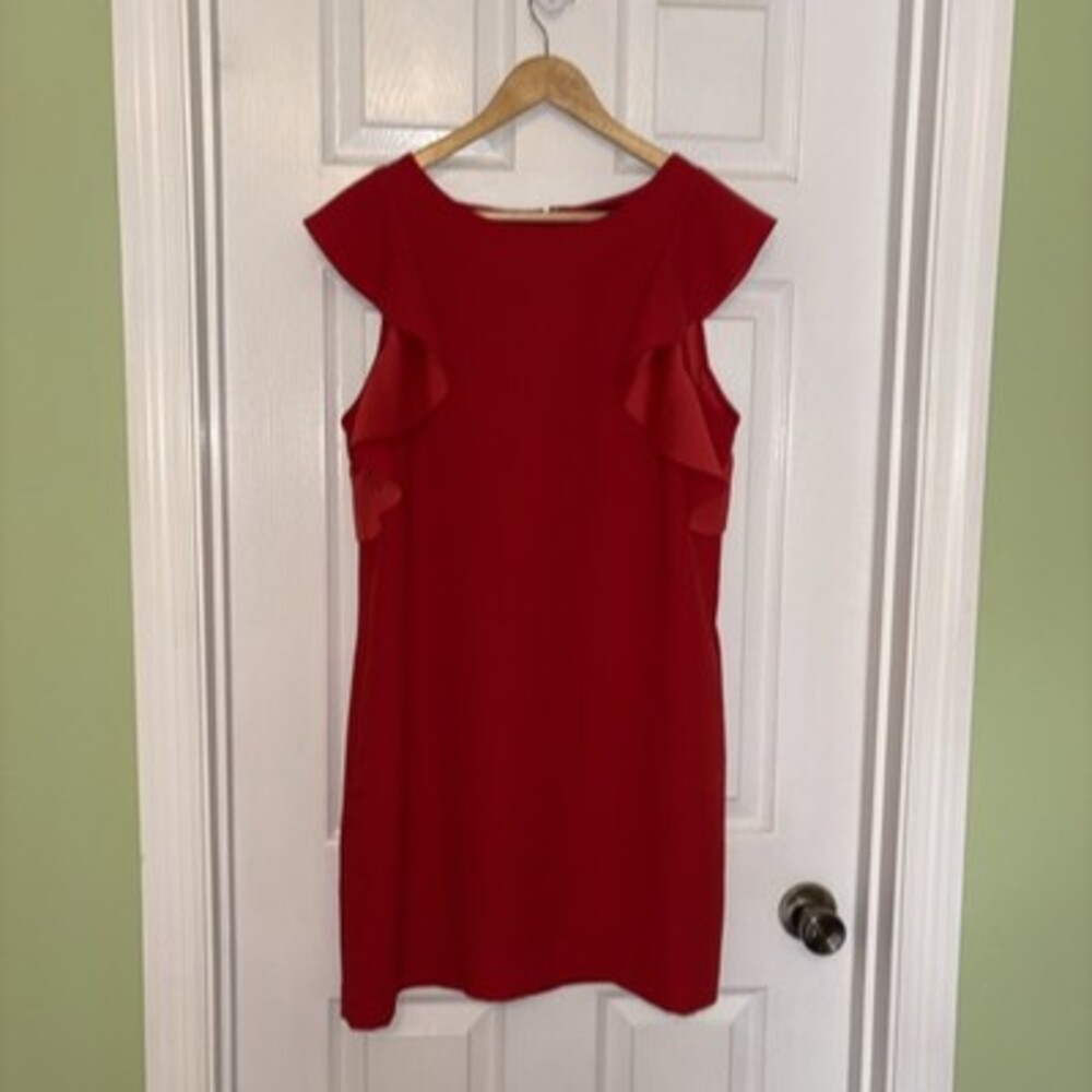 EUC Banana, Republic Ruffled, Sleeveless Sheath Dress, Red Size 10, Lightweight